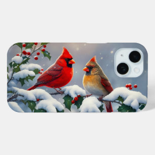 Rode kardinalen en Holly in de sneeuw iPhone 15 Case