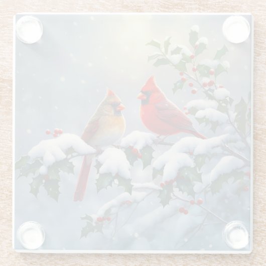 Rode kardinalen en Holly in de sneeuw Glazen Onderzetter (Achterkant)