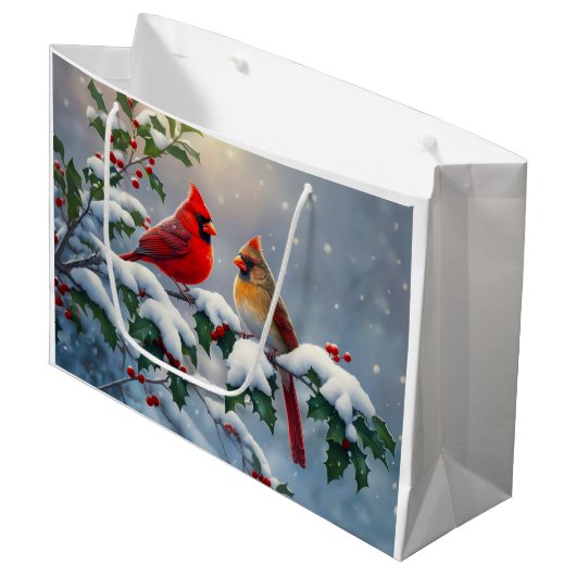 Rode kardinalen en Holly in de sneeuw Groot Cadeauzakje (Voorkant Gekanteld)
