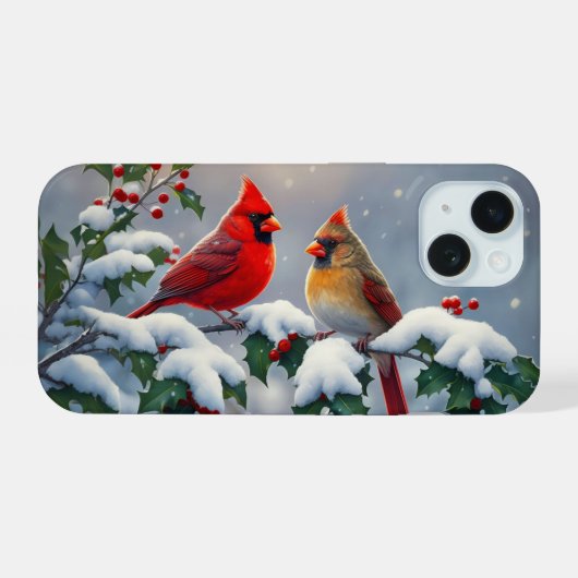 Rode kardinalen en Holly in de sneeuw iPhone 15 Case (Achterkant horizontaal)