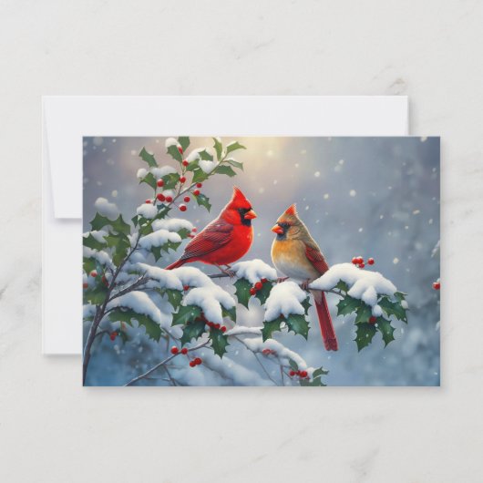 Rode kardinalen en Holly in de sneeuw Kaart (Voorkant)
