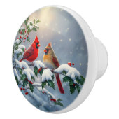 Rode kardinalen en Holly in de sneeuw Keramische Knop (Rechts)