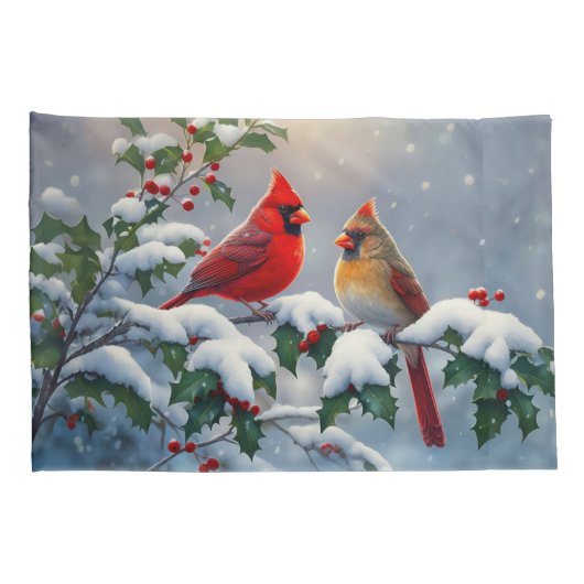Rode kardinalen en Holly in de sneeuw Kussensloop (Achterkant-Rechts)