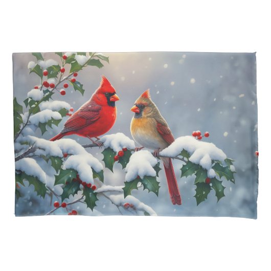 Rode kardinalen en Holly in de sneeuw Kussensloop (Voorkant-Links)