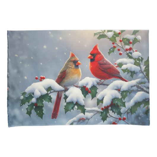 Rode kardinalen en Holly in de sneeuw Kussensloop (Voorkant-Rechts)