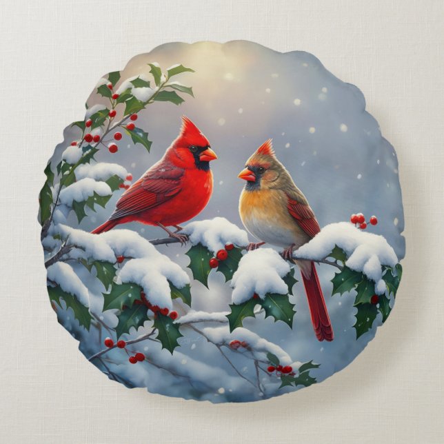 Rode kardinalen en Holly in de sneeuw Rond Kussen (Voorkant)