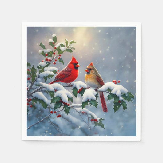 Rode kardinalen en Holly in de sneeuw Servet (Voorkant)