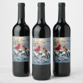 Rode kardinalen en Holly in de sneeuw Wijn Etiket (Flessen)