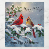 Rode kardinalen en Holly in de sneeuw Wijn Etiket (Enkel label)