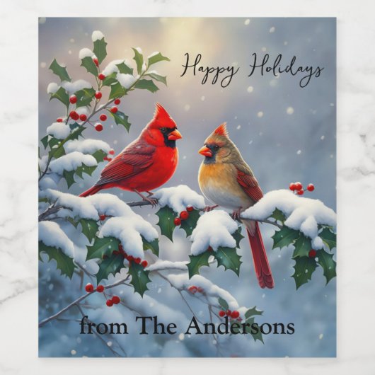 Rode kardinalen en Holly in de sneeuw Wijn Etiket (Enkel label)