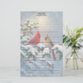 Rode kardinalen en hulst in de sneeuw briefpapier (Staand voorkant)