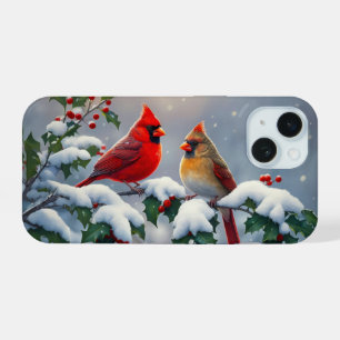 Rode kardinalen en hulst in de sneeuw iPhone 15 case