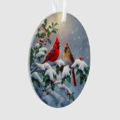 Rode kardinalen en hulst in de sneeuw ornament (voorkant)