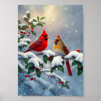 Rode kardinalen en hulst in de sneeuw poster