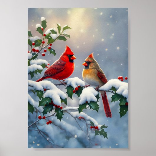 Rode kardinalen en hulst in de sneeuw poster (Voorkant)