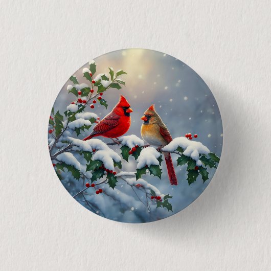 Rode kardinalen en hulst in de sneeuw ronde button 3,2 cm (Voorkant)