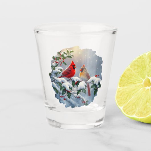 Rode kardinalen en hulst in de sneeuw shot glas (Voorkant)