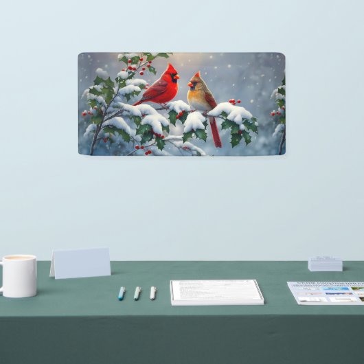Rode kardinalen en hulst in de sneeuw spandoek (Beurs)