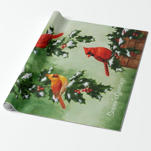 Rode Kardinalen en Hulstbladeren Cadeaupapier (Uitgerold)