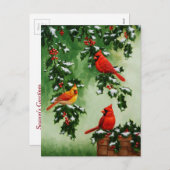 Rode kardinalen en Kerstmis hulst Feestdagenkaart (Voorkant / Achterkant)