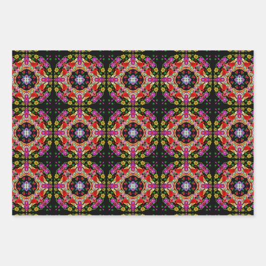 Rode kardinalen en kleurrijke bloemen van afgelope inpakpapier vel (Voorkant 3)