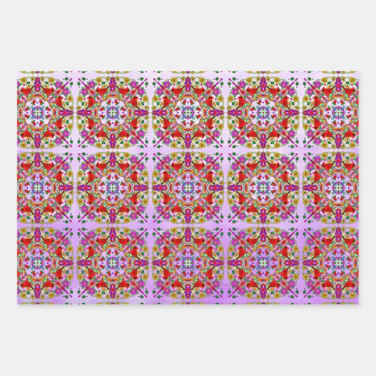 Rode kardinalen en kleurrijke bloemen van afgelope inpakpapier vel (Voorkant 2)