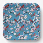 Rode kardinalen en roze kersenbloesems blauw papieren bordje (Voorkant)