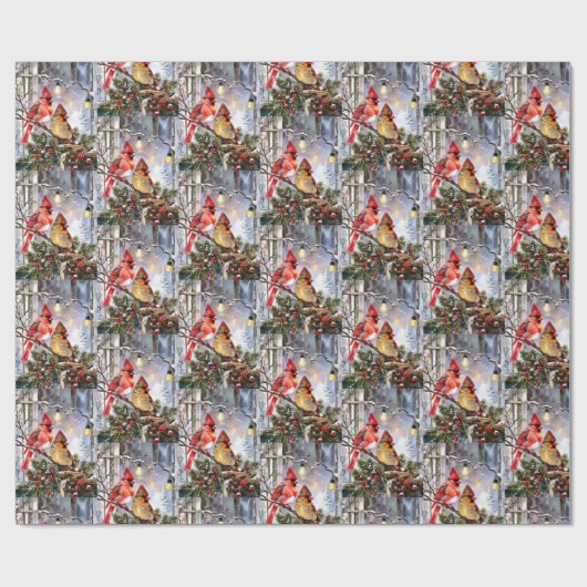 Rode kardinalen en wilde bessen Winter Kerstmis Cadeaupapier (Vlak)