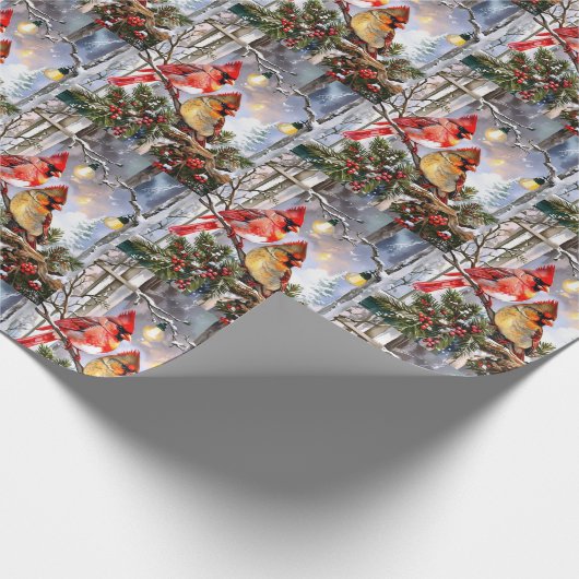 Rode kardinalen en wilde bessen Winter Kerstmis Cadeaupapier (Hoek)