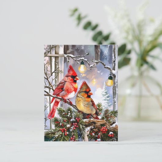 Rode kardinalen en wilde bessen Winter Natuur Feestdagenkaart (Staand voorkant)