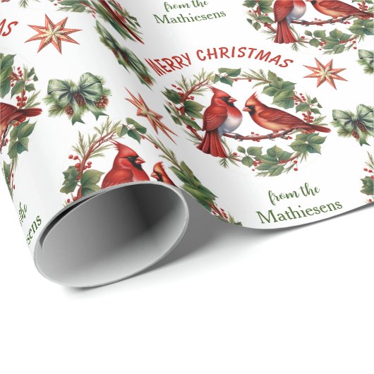 Rode kardinalen in de kerstkrans cadeaupapier (Rol Hoek)