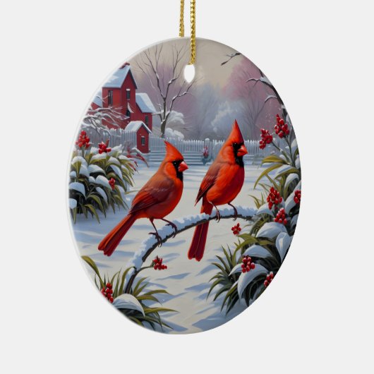 Rode kardinalen in de winter keramisch ornament (Rechts)