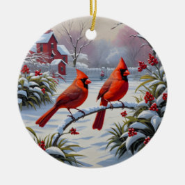 Rode kardinalen in de winter keramisch ornament