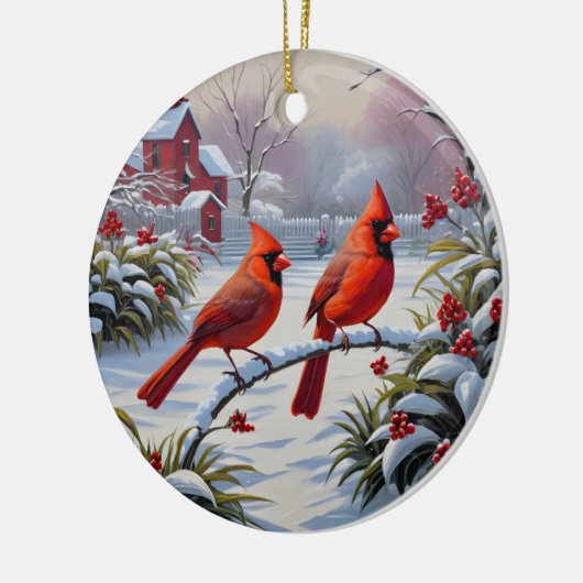 Rode kardinalen in de winter keramisch ornament (Links)