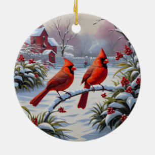 Rode kardinalen in de winter keramisch ornament