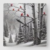 Rode Kardinalen in Winterbos Vierkante Klok (Voorkant)
