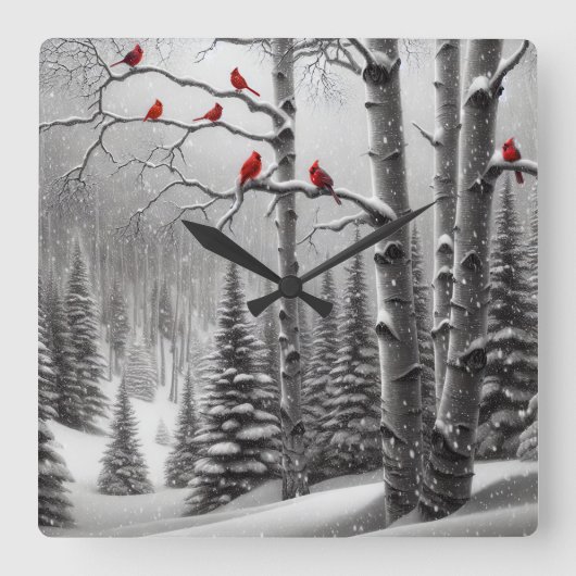 Rode Kardinalen in Winterbos Vierkante Klok (Voorkant)