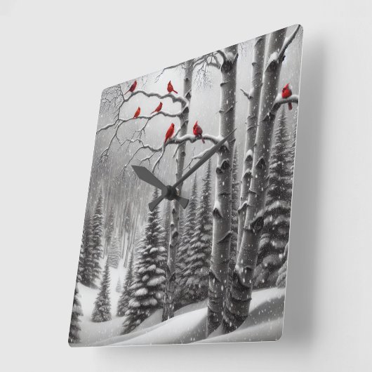 Rode Kardinalen in Winterbos Vierkante Klok (Hoek)