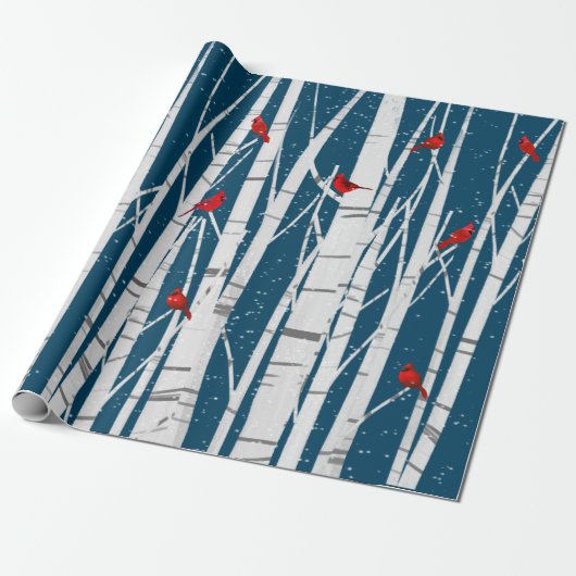 Rode kardinalen in witte vogelbomen cadeaupapier (Uitgerold)