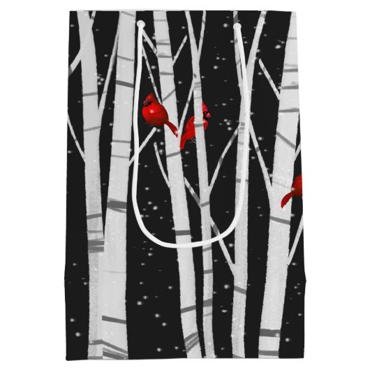 Rode kardinalen in witte vogelbomen medium cadeauzakje (Achterkant)