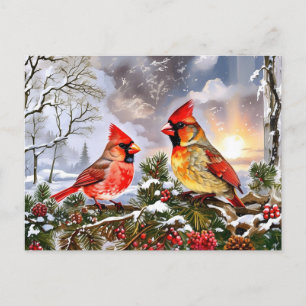 Rode Kardinalen met Wild Berries Winter Landschap Feestdagenkaart