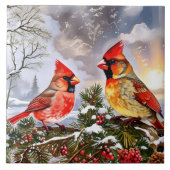 Rode Kardinalen met Wild Berries Winter Landschap Tegeltje (Voorkant)