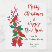 Rode Kardinalen op Holly Kerstmis Wijn Etiket (Enkel label)