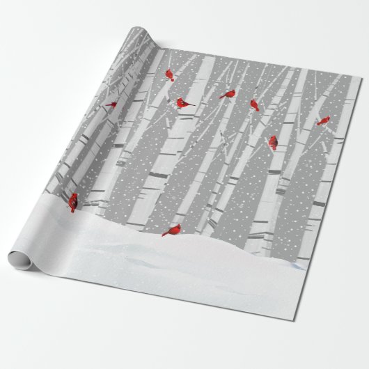 Rode kardinalen op witte baars cadeaupapier (Uitgerold)