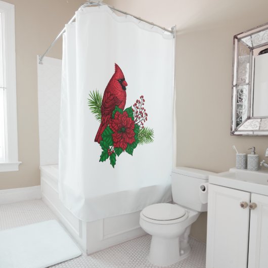 Rode kardinalen voor kerstversiering douchegordijn (In situ)