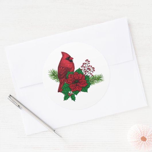 Rode kardinalen voor kerstversiering ronde sticker (Envelop)