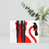 Rode kat en zwarte vogel briefkaart (Staand voorkant)