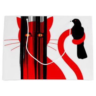 Rode kat en zwarte vogel groot cadeauzakje