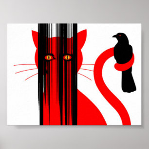 Rode kat en zwarte vogel poster