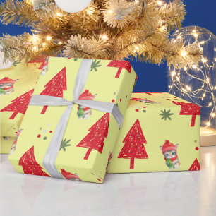 Rode kat Kerstboom Naadloos patroon Cadeaupapier